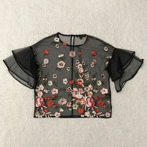 Floral Mesh Top / Coverup Black Embroidered Pit to Pit 20.5”